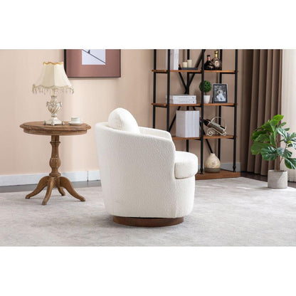 Boucle Fabric Swivel Accent Chair With Soild Wood Round Brown Base Leg,Ivory