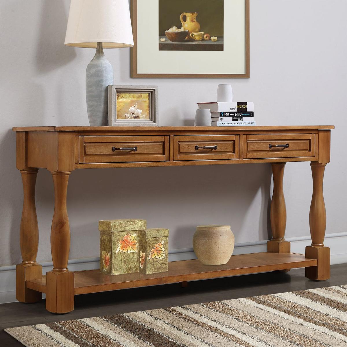 63inch Long Wood Console Table with 3 Drawers and 1 Bottom Shelf for Entryway Hallway Easy Assembly Extra-thick Sofa Table(Brown)