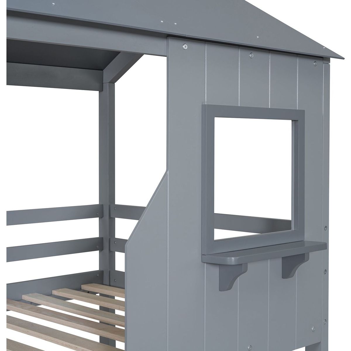 Twin Over Twin Bunk Bed Wood Bed with Roof, Window, Guardrail, Ladder (Gray)