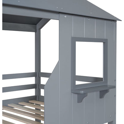 Twin Over Twin Bunk Bed Wood Bed with Roof, Window, Guardrail, Ladder (Gray)