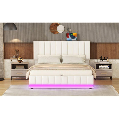 Queen Size Upholstered Bed with Hydraulic Storage System and LED Light, Modern Platform Bed with Sockets and USB Ports, White