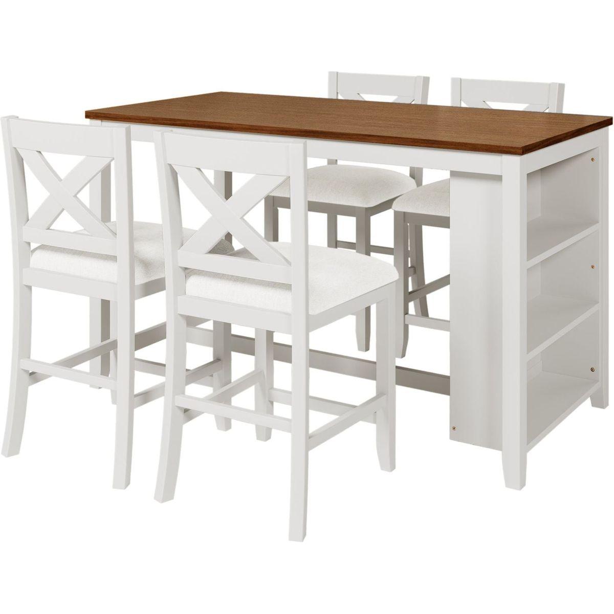 5 Pieces Counter Height Rustic Farmhouse Dining Room Wooden Bar Table Set with 4 Chairs, White