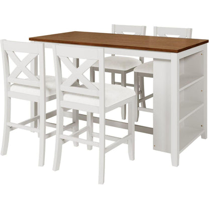 5 Pieces Counter Height Rustic Farmhouse Dining Room Wooden Bar Table Set with 4 Chairs, White