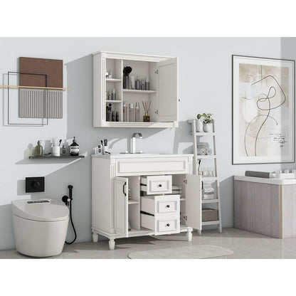 36" Bathroom Vanity with Top Sink, White Mirror Cabinet, Modern Bathroom Storage Cabinet with 2 Soft Closing Doors and 2 Drawers, Single Sink Bathroom Vanity