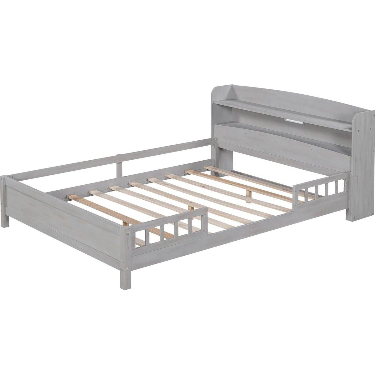 Wood Full Size Platform Bed with Built-in LED Light, Storage Headboard and Guardrail, Antique Grey