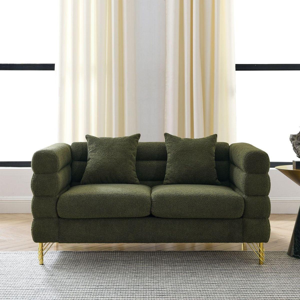 60Inch Oversized 2 Seater Sectional Sofa, Living Room Comfort Fabric Sectional Sofa-Deep Seating Sectional Sofa, Soft Sitting with 2 Pillows for Living Room, Bedroom, Office, Green teddy
