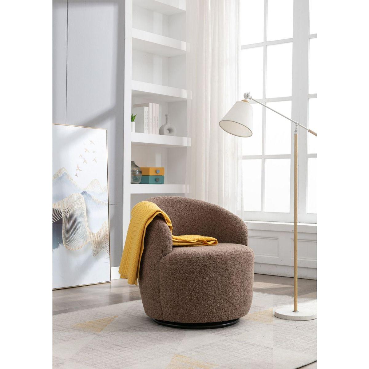Teddy Fabric Swivel Accent Armchair Barrel Chair With Black Powder Coating Metal Ring,Coffee Brown