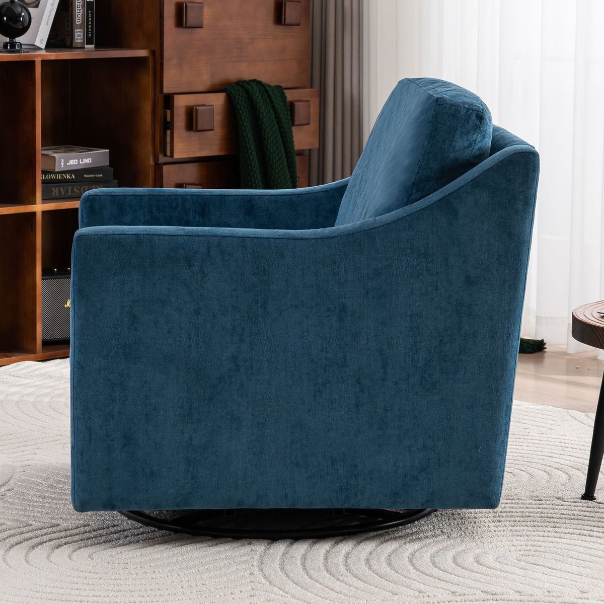 Large swivel chair, upholstered armchair, modern chair, skin-friendly gradient color linen fabric, comfortable to sit. Suitable for reception living room, Navy Blue