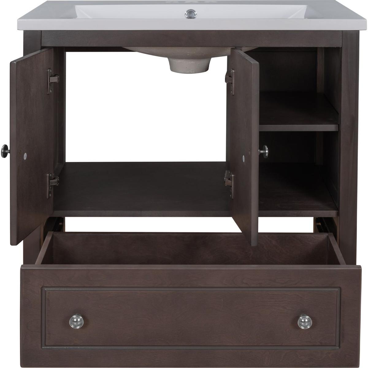 30" Bathroom Vanity with Sink, Bathroom Storage Cabinet with Doors and Drawers, Solid Wood Frame, Ceramic Sink, Brown