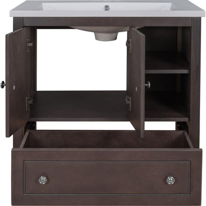 30" Bathroom Vanity with Sink, Bathroom Storage Cabinet with Doors and Drawers, Solid Wood Frame, Ceramic Sink, Brown