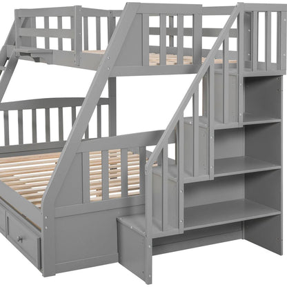 Twin-Over-Full Bunk Bed with Drawers氓Ladder and Storage Staircase, Gray