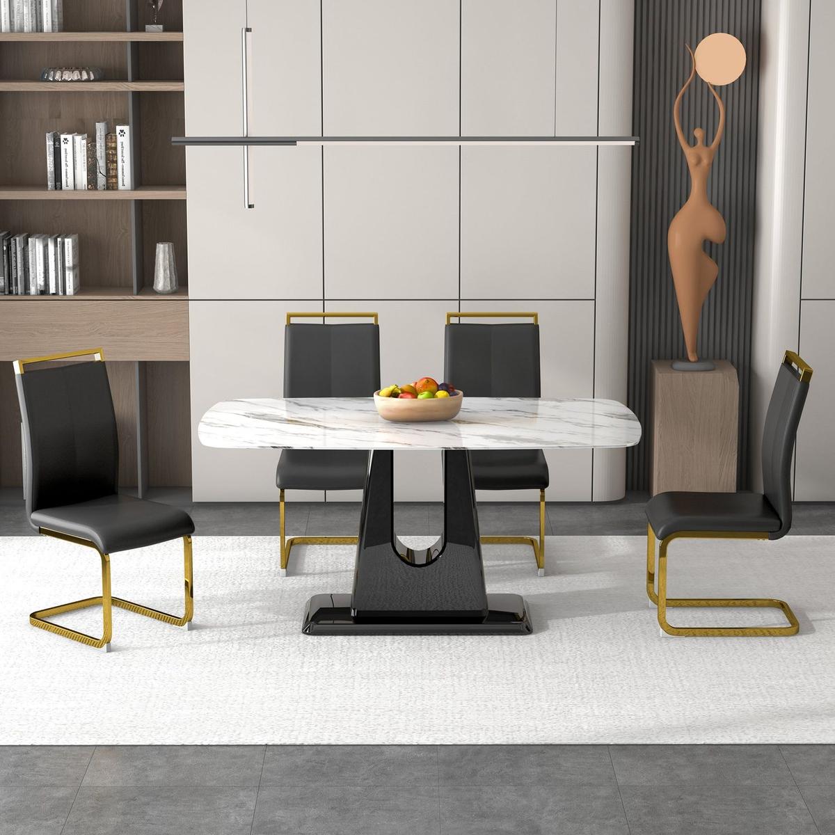 1 table and 4 chairs. Modern, simple and luxurious white imitation marble rectangular dining table and desk with 4 black PU gold plated leg chairs 63'' x 35.4'' X 30''