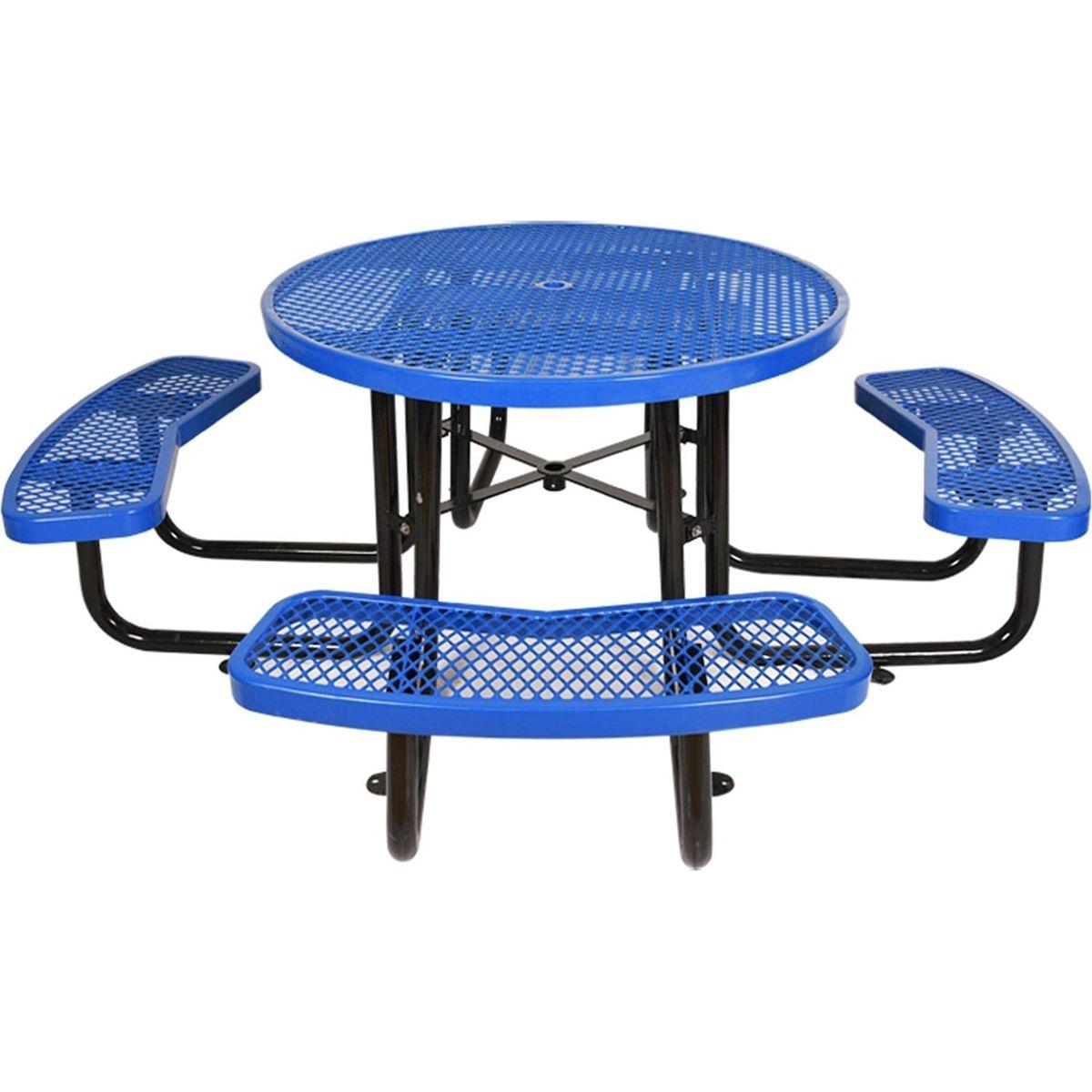 Round Outdoor Steel Picnic Table 46" blue, with umbrella pole