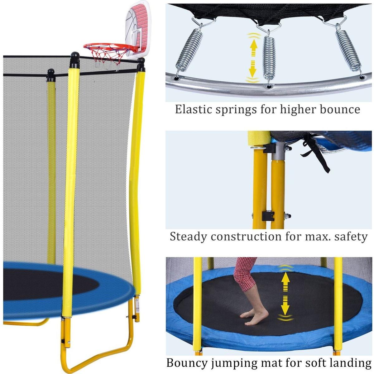 5.5FT Trampoline for Kids - 65" Outdoor & Indoor Mini Toddler Trampoline with Enclosure, Basketball Hoop and Ball Included