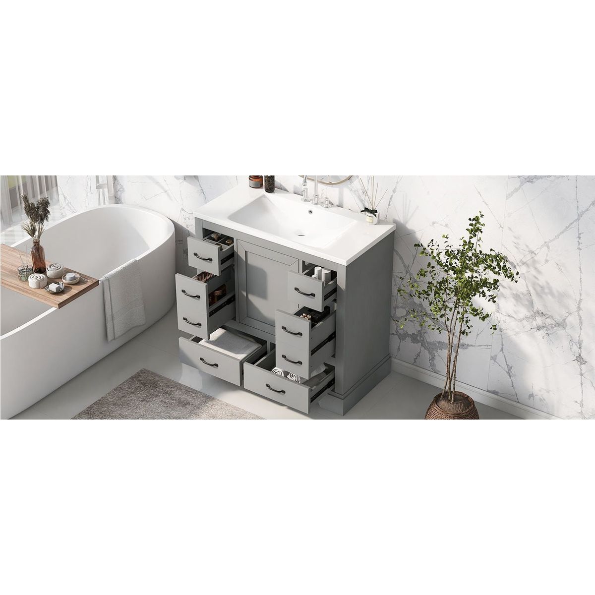 36" Bathroom Vanity with Sink Combo, Six Drawers, Multi-Functional Drawer Divider, Adjustable Shelf, Grey