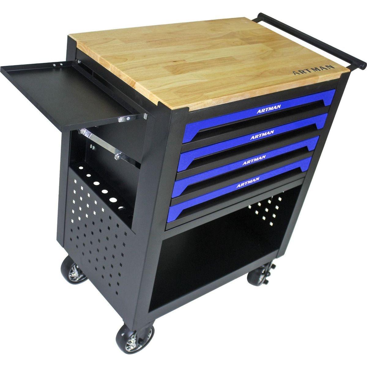 4 DRAWERS MULTIFUNCTIONAL TOOL CART WITH WHEELS AND WOODEN TOP-BLUE