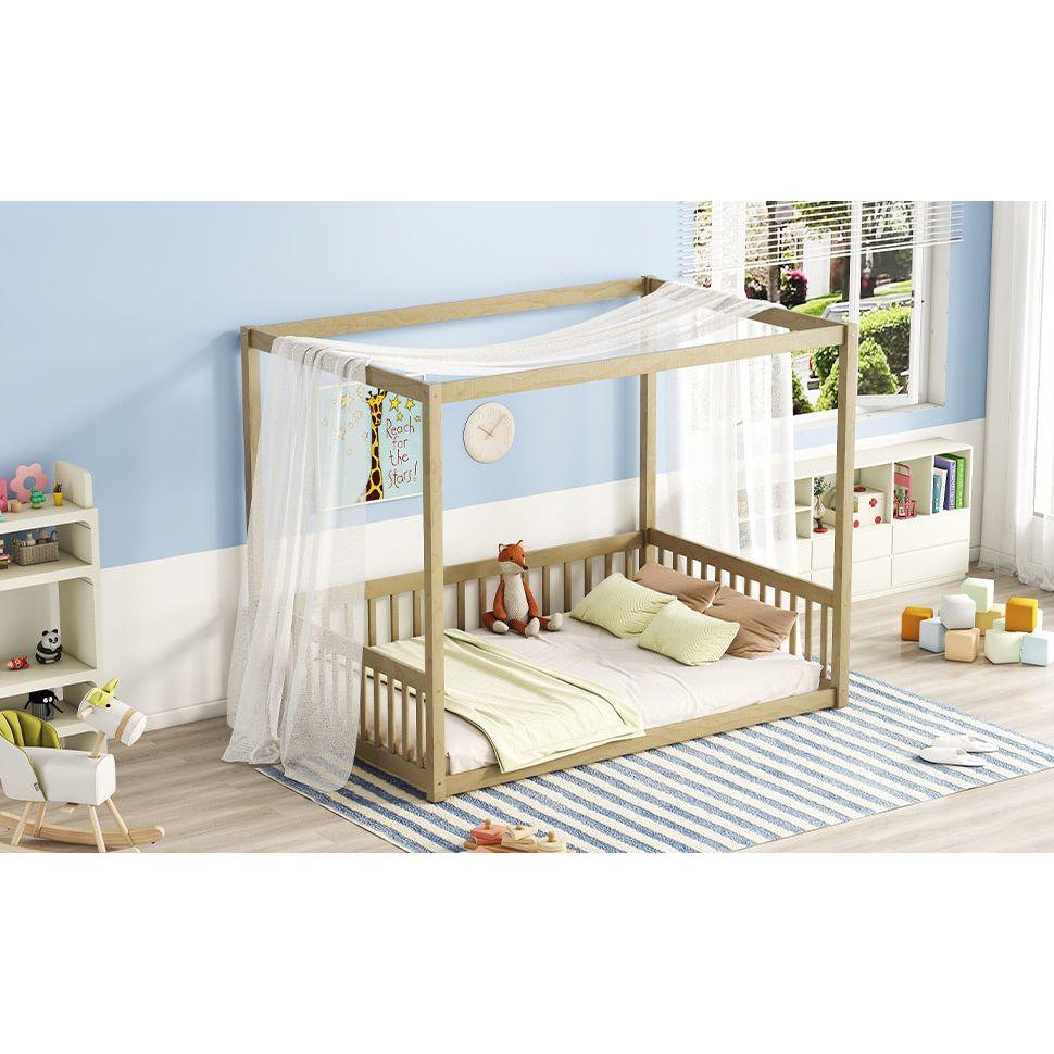 Full Size Canopy Frame Floor Bed with Fence, Guardrails,Natural
