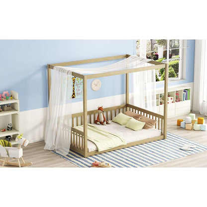 Full Size Canopy Frame Floor Bed with Fence, Guardrails,Natural