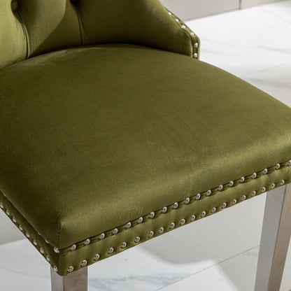 Nikki Collection Modern, High-end Tufted Solid Wood Contemporary Velvet Upholstered Dining Chair with Chrome Stainless Steel Plating Legs,Nailhead Trim,Set of 2,Olive-Green and Chrome