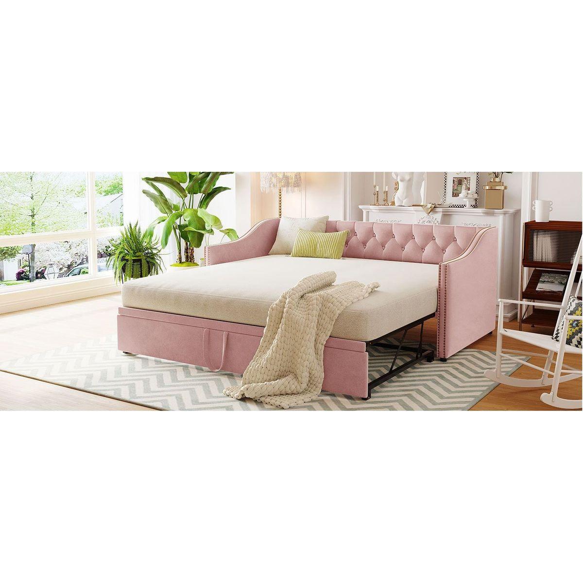 Twin Size Upholstered daybed with Pop Up Trundle, Pink