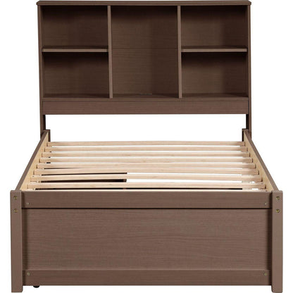 Modern Twin Size Bed Frame With Built-in USB Port on Bookcase Headboard and 2 Drawers for Walnut Color