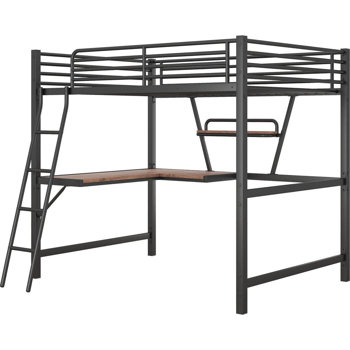 Full Size Loft Metal&MDF Bed with Desk and Shelf, Black