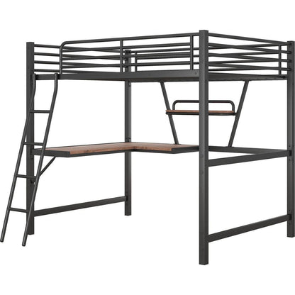 Full Size Loft Metal&MDF Bed with Desk and Shelf, Black