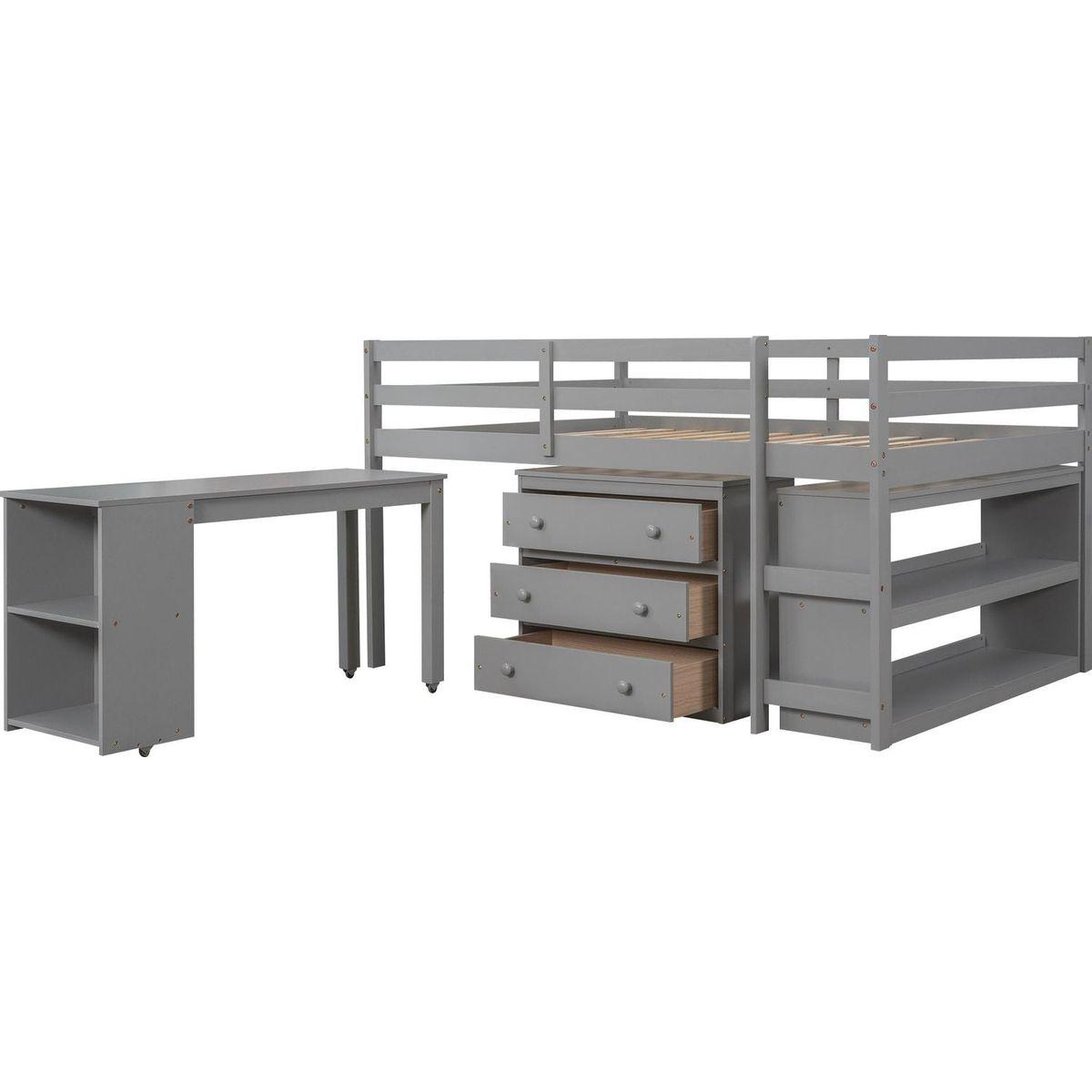 Low Study Full Loft Bed with Cabinet, Shelves and Rolling Portable Desk, Multiple Functions Bed- Gray