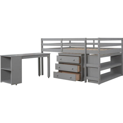 Low Study Full Loft Bed with Cabinet, Shelves and Rolling Portable Desk, Multiple Functions Bed- Gray