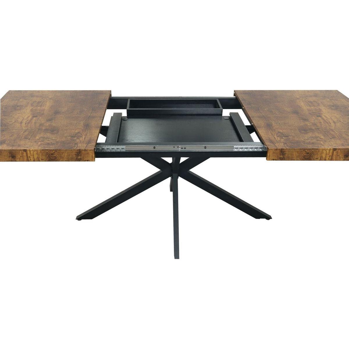 55.11" -70.86"Retro Rectangular Stretch Dining Table, Antique Wood Top And Black Relief Plate, Black Fine Sand Cross Iron Foot Base Dining Table, With Storage Box.