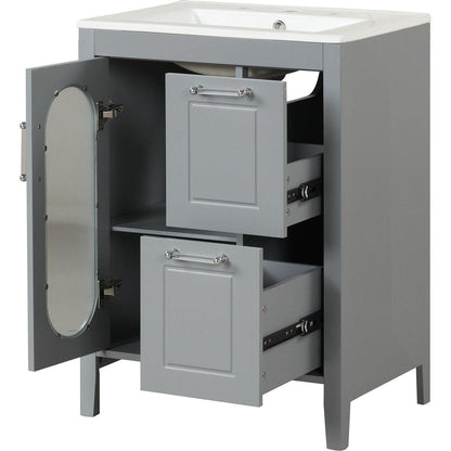 24" Bathroom Vanity with Sink, Bathroom Vanity Cabinet with Two Drawers and Door, Adjustable Shelf, Solid Wood and MDF, Grey