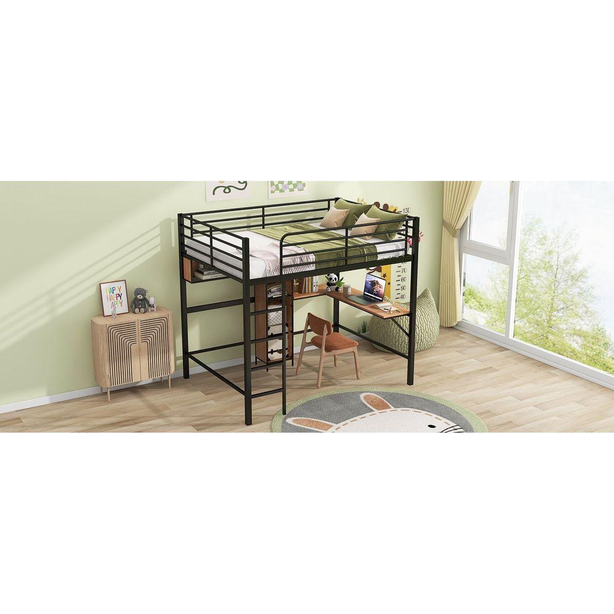 Full Size Metal & Wood Loft Bed with L -shaped desk and shelves, Black and Brown
