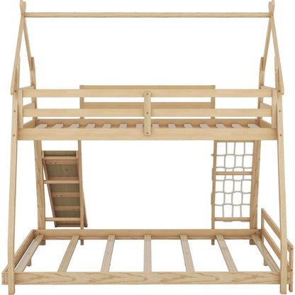 Twin over Queen House Bunk Bed with Climbing Nets and Climbing Ramp, Natural