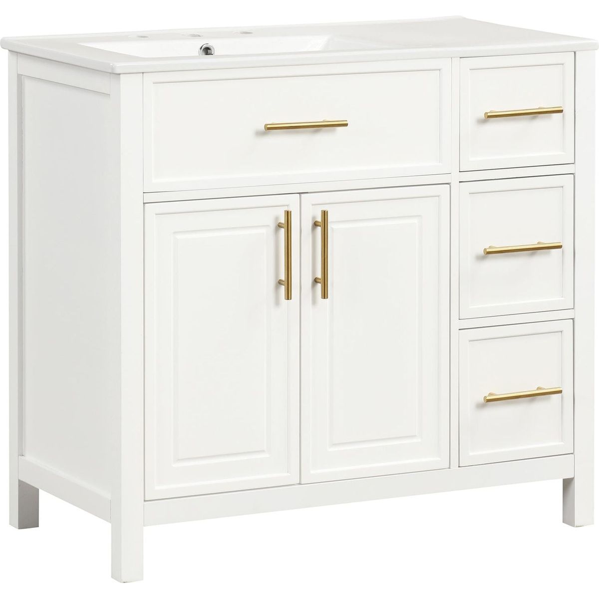 36" Bathroom Vanity with Sink Top, Bathroom Vanity Cabinet with Two Doors and Three Drawers, Solid Wood, MDF Boards, One Package, Off White