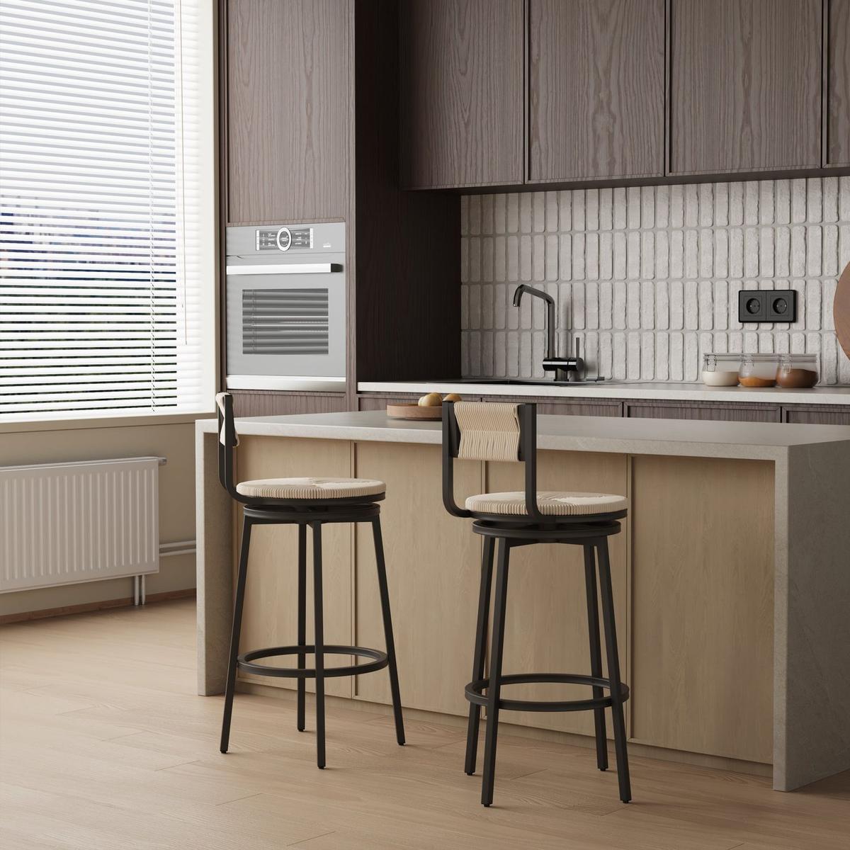 Creamy White Bar Stools Swivel Counter Chairs with Metal Frame Set of 2 Hand Woven Paper Rope Dining Barstools for Kitchen Counter (Creamy White)