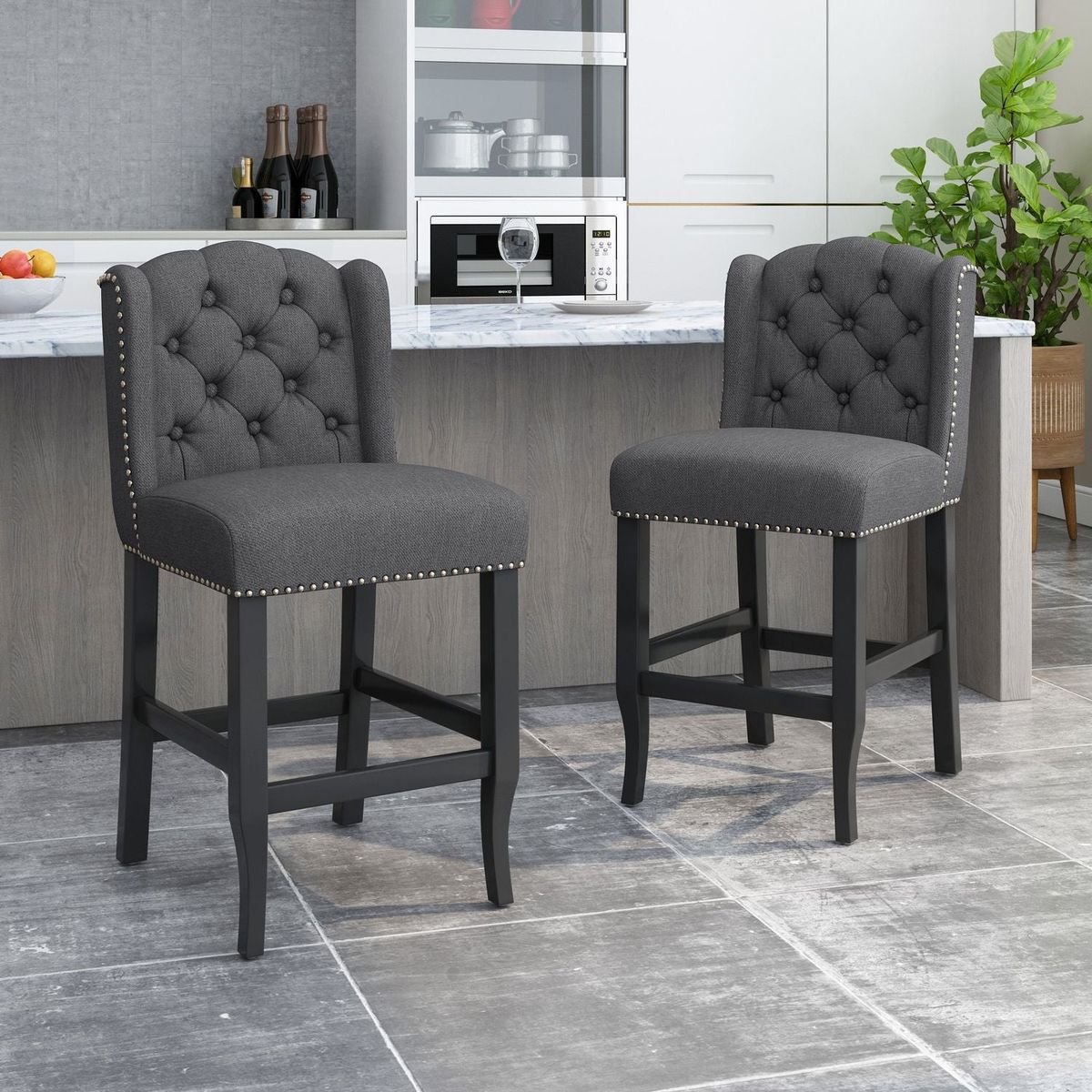 Vienna Contemporary Fabric Tufted Wingback 27 Inch Counter Stools, Set of 2, Charcoal and Dark Brown