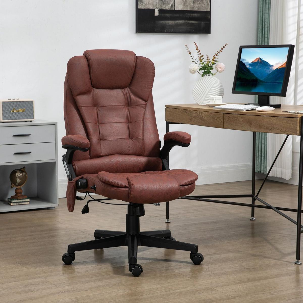 6 Point Vibrating Massage Office Chair with Heat, Microfiber High Back Executive Office Chair with Reclining Backrest, Padded Armrests and Remote, Red