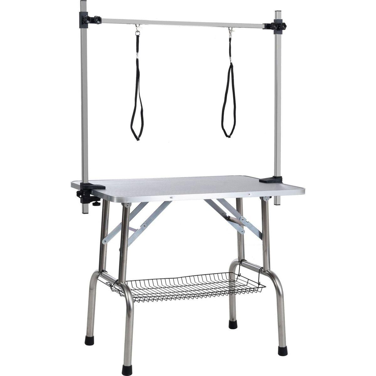 36" Folding Dog Pet Grooming Table Stainless Steel Frame Rubber Mat on Board with Adjustable Arm and Clamps pet dog Cat Grooming Table (SILVER-GRAY COLOR)