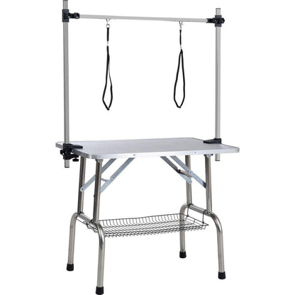 36" Folding Dog Pet Grooming Table Stainless Steel Frame Rubber Mat on Board with Adjustable Arm and Clamps pet dog Cat Grooming Table (SILVER-GRAY COLOR)