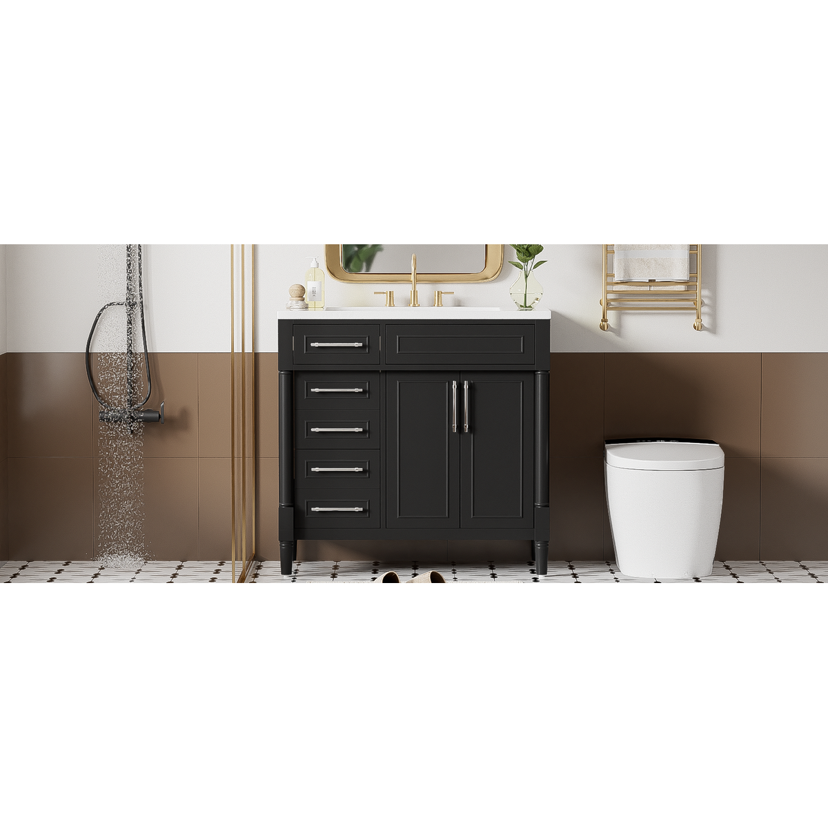 36" Bathroom Vanity with Top Resin Sink, Freestanding Bathroom Storage Cabinet with 2 Drawers and a Tip-out Drawer, Solid Wood Frame Vanity Set, Height Adjustable Shelf