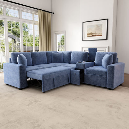 L-shaped Convertible Sofa Bed with Pull-Out Bed, Cup Holders, and Storage Space, Blue Chenille, 120.5'