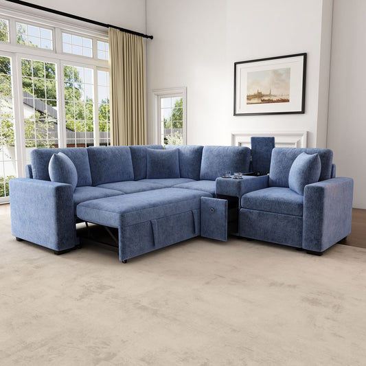 L-shaped Convertible Sofa Bed with Pull-Out Bed, Cup Holders, and Storage Space, Blue Chenille, 120.5'
