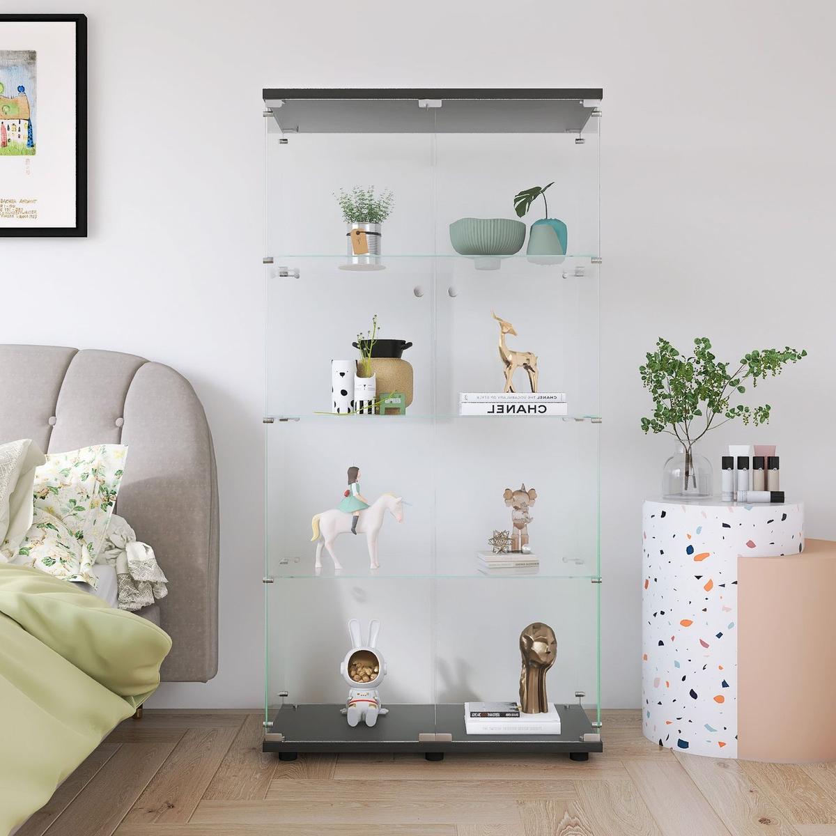Two-door Glass Display Cabinet 4 Shelves with Door, Floor Standing Curio Bookshelf for Living Room Bedroom Office, 64.7"x31.7"x14.3",Black