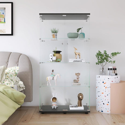 Two-door Glass Display Cabinet 4 Shelves with Door, Floor Standing Curio Bookshelf for Living Room Bedroom Office, 64.7"x31.7"x14.3",Black