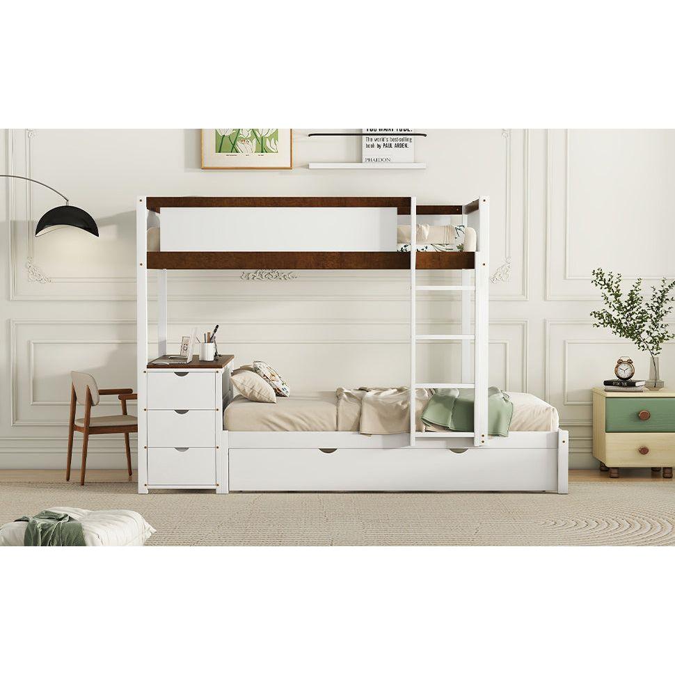 Twin-Over-Twin Bunk Bed with Twin size Trundle, Storage and Desk, White+Walnut
