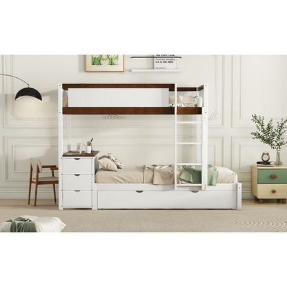 Twin-Over-Twin Bunk Bed with Twin size Trundle, Storage and Desk, White+Walnut