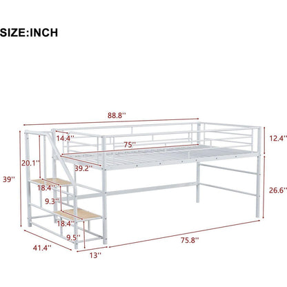 Mid Loft Bed with Storage stairs, Twin, White