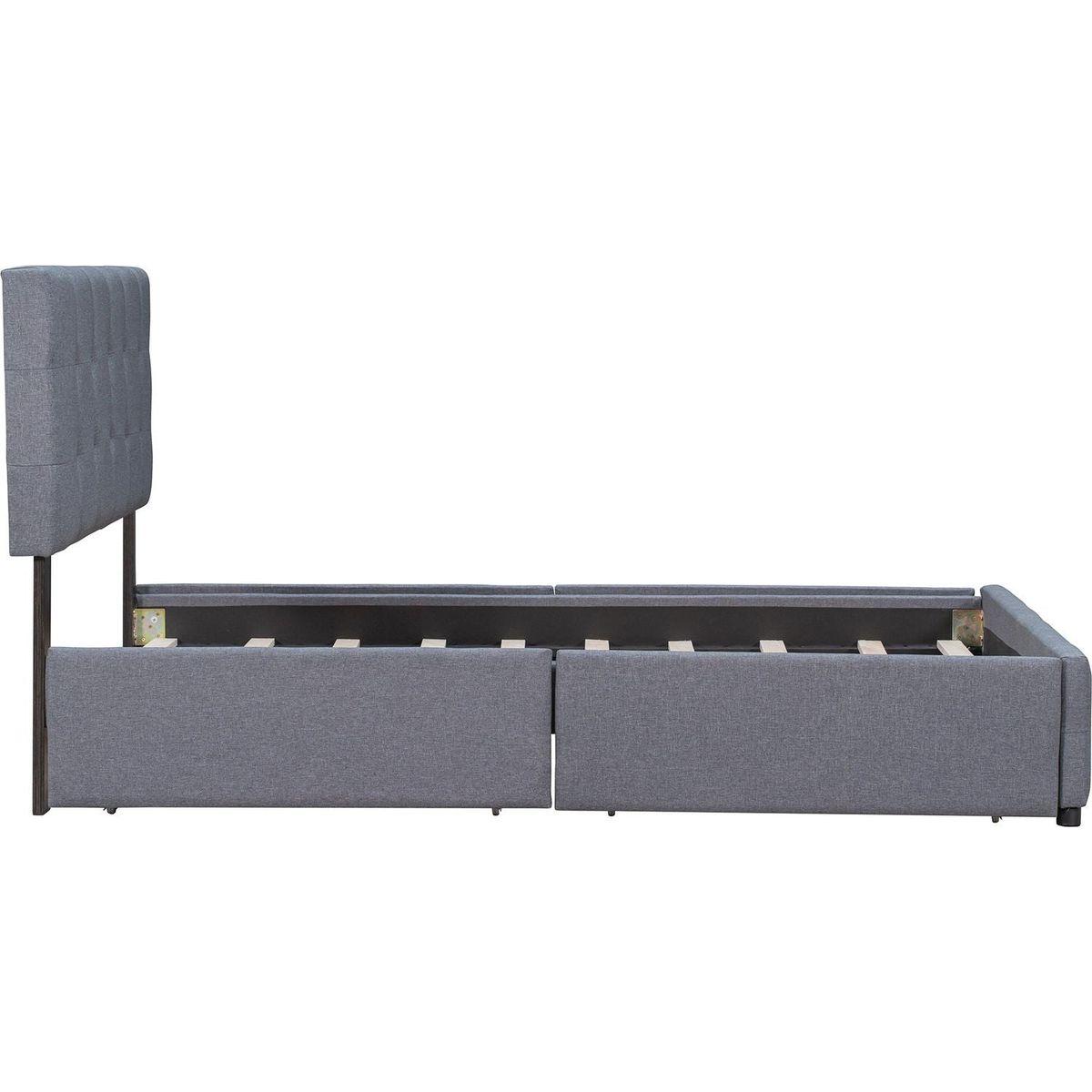 Upholstered Platform Bed with Classic Headboard and 4 Drawers, No Box Spring Needed, Linen Fabric, Queen Size Dark gray