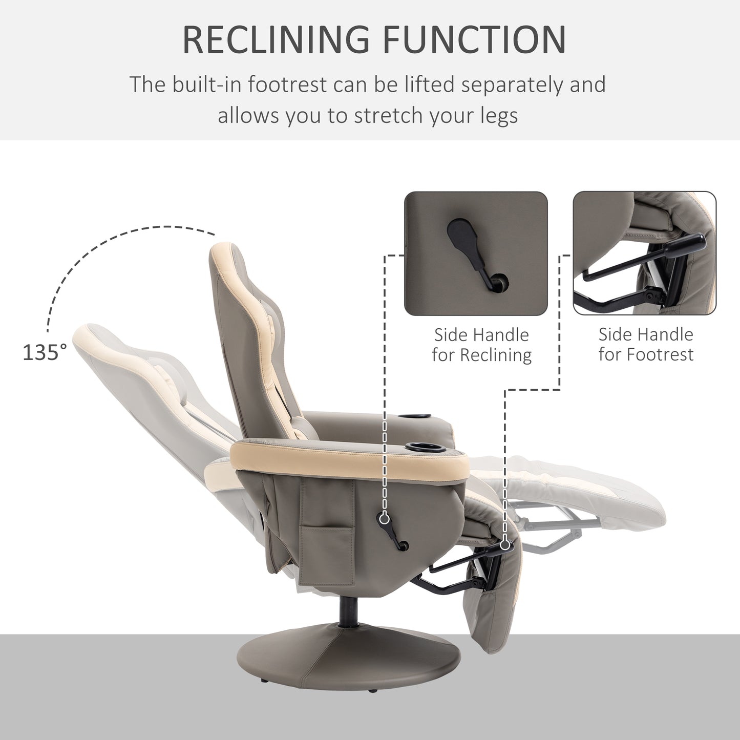 Manual Recliner Armchair PU Leather Lounge Chair w/ Adjustable Leg Rest, 135 Reclining Function, 360 Swivel, Cup Holder and, Storage Pocket