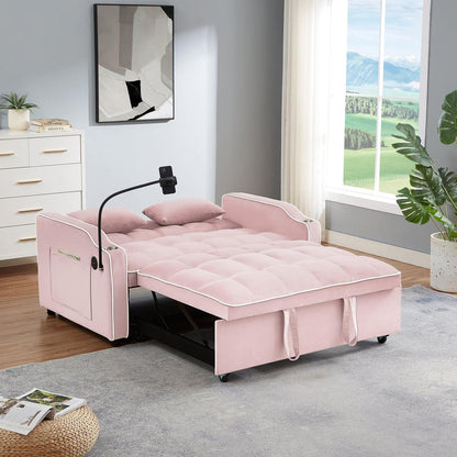 1 versatile foldable sofa bed in 3 lengths, modern sofa sofa sofa velvet pull-out bed, adjustable back and with USB port and ashtray and swivel phone stand (pink)